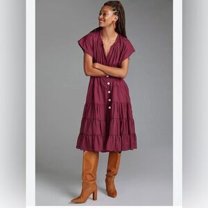 Erika Pena women’s one size tiered wine midi‎ dress button front 100% cotton